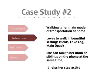 Case Study #2	
              	
  	
  
                            	
  	
  
                                          	
  	
  
                                                        	
  	
  
                                                                      	
  	
  
                                                                                    	
  	
  
                                                                                                  	
  	
  
                                                                                                                	
  	
  
                                                                                                                              	
  	
  
                                                                                                                                            	
  	
  
                                                                                                                                                          	
  	
  
                                                                                                                                                                        	
  	
  
The Participant                                                                              Walking is her main mode
                                                                                                of transportation at home	

  Walking Habit                                                                              Loves to walk in beautiful
                                                                                                settings (fields, Lake Lag,
                                                                                                Main Quad)	
Her Genres

                                                                                                She can talk to her mom or
Quotes                                                                                       siblings on the phone at the
                                                                                                same time.	

                                                                                                It helps her stay active	
 