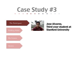 Quotes
                                                                      	
  	
  




            His Genres
                            Walking Habit
                                                                      	
  	
  
                                               The Participant     	
  	
  
                                                                      	
  	
  
                                                                      	
  	
  
                                                                      	
  	
  
                                                                      	
  	
  
                                                                      	
  	
  
                                                                      	
  	
  
                                                                      	
  	
  
                                                                      	
  	
  
                                                                        Case Study #3	




                                                                      	
  	
  
                              Jose Alvarez,	

                              Stanford University	
                              Third year student at
 