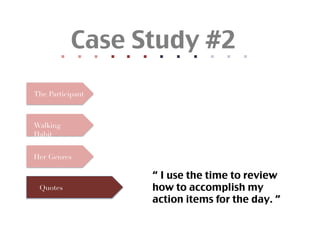 Case Study #2	
           	
  	
  
                         	
  	
  
                                       	
  	
  
                                                     	
  	
  
                                                                   	
  	
  
                                                                                 	
  	
  
                                                                                               	
  	
  
                                                                                                             	
  	
  
                                                                                                                           	
  	
  
                                                                                                                                         	
  	
  
                                                                                                                                                       	
  	
  
                                                                                                                                                                     	
  	
  
The Participant



Walking
Habit


Her Genres

                                                                                             “ I use the time to review
  Quotes                                                                                  how to accomplish my
                                                                                             action items for the day. ” 	
 
