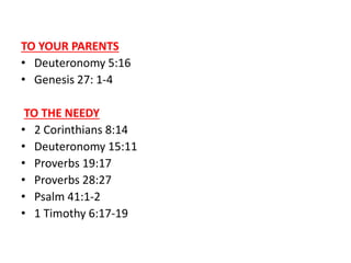 TO YOUR PARENTS
• Deuteronomy 5:16
• Genesis 27: 1-4
TO THE NEEDY
• 2 Corinthians 8:14
• Deuteronomy 15:11
• Proverbs 19:17
• Proverbs 28:27
• Psalm 41:1-2
• 1 Timothy 6:17-19
 