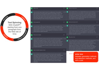 With ChatGPT
starting from one
paragraph from
the Web site of
Inria
Text Spinning
between generation methods
and detection methods, and
with a cost.
arms race
…
 