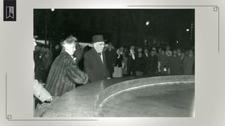 The Hon. Ellen Fairclough (standing in for Prime Minister Diefenbaker) with Mayor Lloyd D. Jackson
at the official dedication of the Kinsmen fountains on February 19, 1960
 
