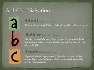 A-B-C’s of SalvationAdmityou are a sinner.All have sinned and fall short of the glory of God. (Romans 3:23)BelieveJesus died for you."For God so loved the world that he gave his one and only Son, that whoever believes in him shall not perish but have eternal life. (John 3:16)ConfessJesus as Lord.“If you confess with your mouth, ‘Jesus is Lord,’ and believe in your heart that God raised him from the dead, you will be saved.” (Romans 10:9)