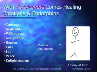 HOLLY HOUSE Center for Integrated HealthCare Dr. Patricia Lawler 
With Forgiveness Comes Healing Emotions & Endorphins 
•Courage 
•Neutrality 
•Willingness 
•Acceptance 
•Reason 
•Love 
•Joy 
•Peace 
•Enlightenment 
Positive Endorphins 
= 
A Body At Ease  