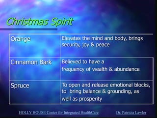 HOLLY HOUSE Center for Integrated HealthCare Dr. Patricia Lawler 
Christmas Spirit 
Orange 
Elevates the mind and body, brings security, joy & peace 
Cinnamon Bark 
Believed to have a 
frequency of wealth & abundance 
Spruce 
To open and release emotional blocks, to bring balance & grounding, as 
well as prosperity  