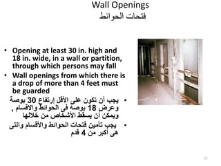 Wall Openings
‫الحوائط‬ ‫فتحات‬
• Opening at least 30 in. high and
18 in. wide, in a wall or partition,
through which persons may fall
• Wall openings from which there is
a drop of more than 4 feet must
be guarded
•
‫إرتفاع‬ ‫األقل‬ ‫على‬ ‫تكون‬ ‫أن‬ ‫يجب‬
30
‫بوصة‬
‫وعرض‬
18
‫واالقسام‬ ‫الحوائط‬ ‫فى‬ ‫بوصه‬
,
‫خاللها‬ ‫من‬ ‫األشخاص‬ ‫يسقط‬ ‫أن‬ ‫ويمكن‬
•
‫وال‬ ‫واألقسام‬ ‫الحوائط‬ ‫فتحات‬ ‫تأمين‬ ‫يجب‬
‫تى‬
‫من‬ ‫أكبر‬ ‫هى‬
4
‫قدم‬
11
 