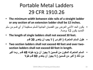 Portable Metal Ladders
29 CFR 1910.26
• The minimum width between side rails of a straight ladder
or any section of an extension ladder shall be 12 inches.
•
‫أي‬ ‫أو‬ ‫مستقيمة‬ ‫للسلم‬ ‫الجانبية‬ ‫القضبان‬ ‫بين‬ ‫العرض‬ ‫األدنى‬ ‫الحد‬ ‫يكون‬
‫سلم‬ ‫من‬ ‫قسم‬
‫يكون‬ ‫التمديد‬
12
‫بوصة‬
.
• The length of single ladders shall not exceed 30 feet.
•
‫المتحرك‬ ‫السلم‬ ‫طول‬
(
‫الفردى‬
)
‫يتعدى‬ ‫أن‬ ‫يجب‬ ‫ال‬
30
‫قدم‬
• Two section ladders shall not exceed 48 feet and over two-
section ladders shall not exceed 60 feet in length.
•
‫طوله‬ ‫يزيد‬ ‫أن‬ ‫يجوز‬ ‫ال‬ ‫قسمين‬ ‫من‬ ‫المكون‬ ‫المتحرك‬ ‫السلم‬
48
‫قدم‬
,
‫أكبر‬ ‫وما‬
‫ذلك‬ ‫من‬
(
‫قسمين‬ ‫من‬ ‫أكبر‬
)
‫يتعدى‬ ‫أن‬ ‫يجوز‬ ‫ال‬
60
‫طوال‬ ‫قدم‬
OSHA Office of Training and Education 33
 