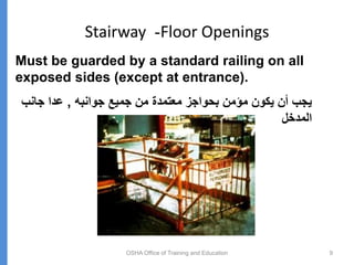 Stairway -Floor Openings
OSHA Office of Training and Education 9
Must be guarded by a standard railing on all
exposed sides (except at entrance).
‫جوانبه‬ ‫جميع‬ ‫من‬ ‫معتمدة‬ ‫بحواجز‬ ‫مؤمن‬ ‫يكون‬ ‫أن‬ ‫يجب‬
,
‫جانب‬ ‫عدا‬
‫المدخل‬
 