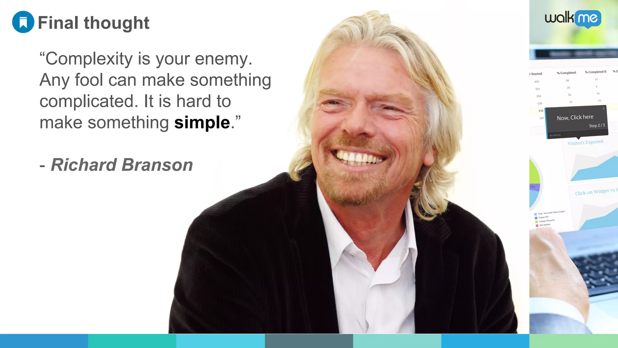 “Complexity is your enemy.
Any fool can make something
complicated. It is hard to
make something simple.”
- Richard Branson
Final thought
 