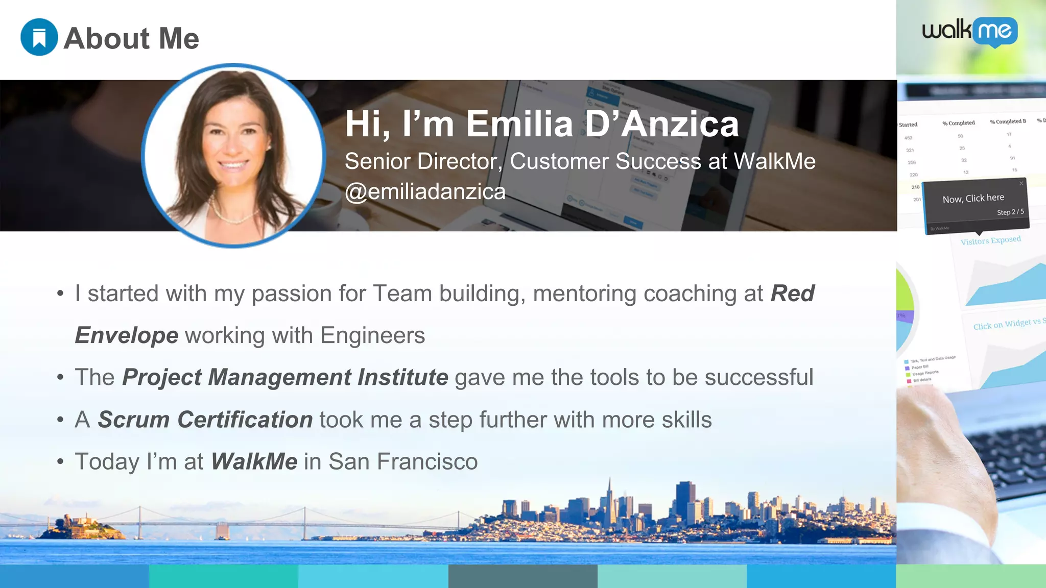 •  I started with my passion for Team building, mentoring coaching at Red
Envelope working with Engineers
•  The Project Management Institute gave me the tools to be successful
•  A Scrum Certification took me a step further with more skills
•  Today I’m at WalkMe in San Francisco
About Me
Hi, I’m Emilia D’Anzica
Senior Director, Customer Success at WalkMe
@emiliadanzica
 