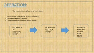 OPERATION:
The mechanism involves three basic stages:
 Conversion of mechanical to electrical energy
 Storing the electr...