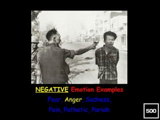 NEGATIVE Emotion Examples
Fear, Anger, Sadness,
Pain, Pathetic, Pariah
 
