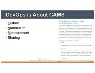DevOps is About CAMS
• Culture
• Automation
• Measurement
• Sharing
Willis, John (2010-07-16)
http://www.opscode.com/blog/2010/07/16/what-devops-means-to-me/
 