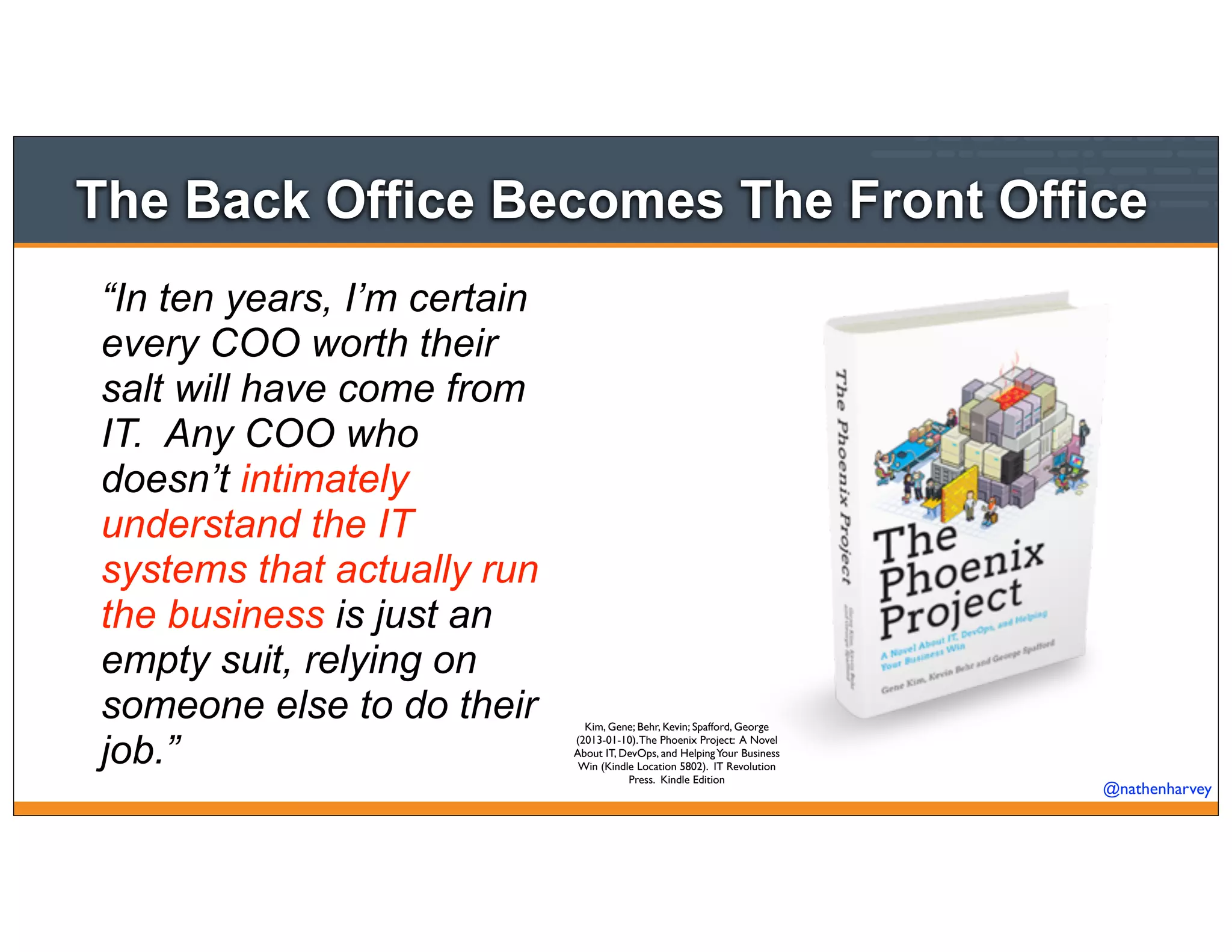 @nathenharvey
The Back Office Becomes The Front Office
“In ten years, I’m certain
every COO worth their
salt will have come from
IT. Any COO who
doesn’t intimately
understand the IT
systems that actually run
the business is just an
empty suit, relying on
someone else to do their
job.”
Kim, Gene; Behr, Kevin; Spafford, George
(2013-01-10).The Phoenix Project: A Novel
About IT, DevOps, and HelpingYour Business
Win (Kindle Location 5802). IT Revolution
Press. Kindle Edition
 