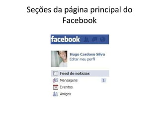 Seções da página principal do Facebook 