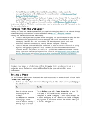  For local IIS Express, local IIS, and remote IIS sites, Visual Studio runs the page in the
corresponding instance of IIS or IIS Express. For more information, see Web Servers in Visual
Studio for ASP.NET Web Projects.
 For FTP-deployed websites, Visual Studio runs the page by using the start URL that you provide as
part of the FTP website properties. If you have not provided one, Visual Studio prompts you for
the start URL when it is required. For more information, see FTP-Deployed Web Site Projects.
For a remote website or FTP site, the remote computer must be running the same .NET Framework version
that you are developing for.
Running with the Debugger
Running your page with the debugger enables you to perform debugging tasks, such as stepping through
code and stopping at breakpoints. For more information, see ASP.NET Debugging Overview.
Running with the debugger requires the following:
 Configure the page or web project to enable debugging. This option compiles the page with extra
information (debugging symbols) that the debugger uses. Visual Studio checks to see if
debugging is enabled. If it is not, Visual Studio sets the compilation options in the local
Web.config file to include debugging, creating the Web.config file if necessary.
 Configure the web server with adequate permissions to allow the current user account to debug.
If you are debugging a page that is running under IIS, you must be an administrator on the
computer. If that is not practical, you can use IIS Express or the ASP.NET Development Server to
debug applications without special permissions. For details, see Web Servers in Visual Studio for
ASP.NET Web Projects and How to: Specify the Web Server for Web Projects in Visual Studio.
Note
Configure your pages or website to run without debugging before you deploy the site to a
production server. Debugging options add overhead to the page and can affect server
performance.
Testing a Page
You can test pages when you are developing web application projects or website projects in Visual Studio.
To test run a web page
 Perform one of the actions listed in the following table. All of the actions run the specified page in
the default browser.
To Do this
Run the current page or
startup page in the
debugger.
For information about the
startup page, see the
section How to: Specify a
Startup Page for a Web
On the Debug menu, click Start Debugging, or press F5.
If the page or the website has not previously been
configured to enable debugging, Visual Studio prompts you
to enable debugging. If you choose not to enable debugging,
the page runs in the default browser but does not allow you
to attach a debugger to it.
 