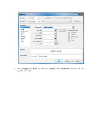 8. Under Category, click Block, and then select (value) from the line-height drop-down list. Enter a
value for line height.
 