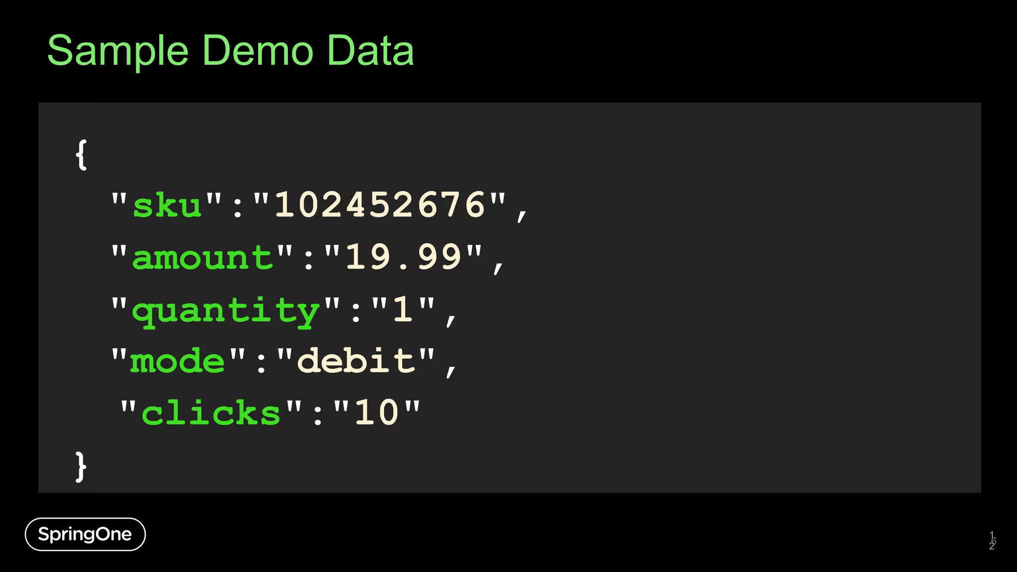 1
2
Sample Demo Data
{
"sku":"102452676",
"amount":"19.99",
"quantity":"1",
"mode":"debit",
"clicks":"10"
}
6
 