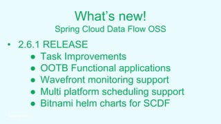 What’s new!
Spring Cloud Data Flow OSS
• 2.6.1 RELEASE
● Task Improvements
● OOTB Functional applications
● Wavefront monitoring support
● Multi platform scheduling support
● Bitnami helm charts for SCDF
 