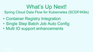 What’s Up Next!
Spring Cloud Data Flow for Kubernetes (SCDF4K8s)
• Container Registry Integration
• Single Step Batch Job Auto Config
• Multi IO support enhancements
 