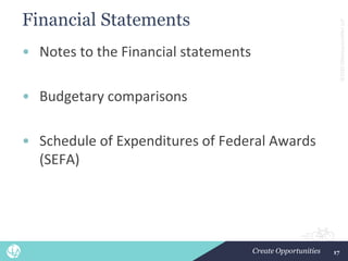 ©2022
CliftonLarsonAllen
LLP
Financial Statements
• Notes to the Financial statements
• Budgetary comparisons
• Schedule of Expenditures of Federal Awards
(SEFA)
17
 