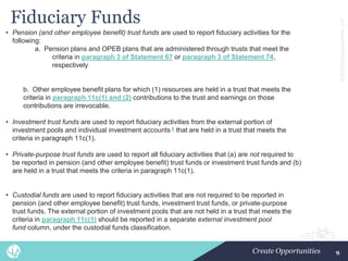 ©2022
CliftonLarsonAllen
LLP
Fiduciary Funds
9
• Pension (and other employee benefit) trust funds are used to report fiduciary activities for the
following:
a. Pension plans and OPEB plans that are administered through trusts that meet the
criteria in paragraph 3 of Statement 67 or paragraph 3 of Statement 74,
respectively
b. Other employee benefit plans for which (1) resources are held in a trust that meets the
criteria in paragraph 11c(1) and (2) contributions to the trust and earnings on those
contributions are irrevocable.
• Investment trust funds are used to report fiduciary activities from the external portion of
investment pools and individual investment accounts 6 that are held in a trust that meets the
criteria in paragraph 11c(1).
• Private-purpose trust funds are used to report all fiduciary activities that (a) are not required to
be reported in pension (and other employee benefit) trust funds or investment trust funds and (b)
are held in a trust that meets the criteria in paragraph 11c(1).
• Custodial funds are used to report fiduciary activities that are not required to be reported in
pension (and other employee benefit) trust funds, investment trust funds, or private-purpose
trust funds. The external portion of investment pools that are not held in a trust that meets the
criteria in paragraph 11c(1) should be reported in a separate external investment pool
fund column, under the custodial funds classification.
 