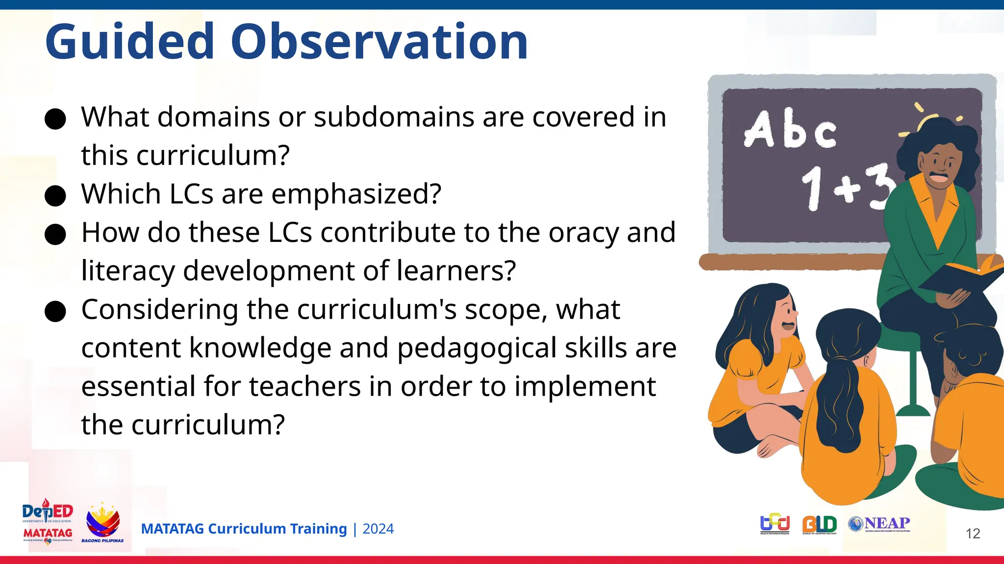 MATATAG Curriculum Training | 2024
● What domains or subdomains are covered in
this curriculum?
● Which LCs are emphasized?
● How do these LCs contribute to the oracy and
literacy development of learners?
● Considering the curriculum's scope, what
content knowledge and pedagogical skills are
essential for teachers in order to implement
the curriculum?
12
Guided Observation
 