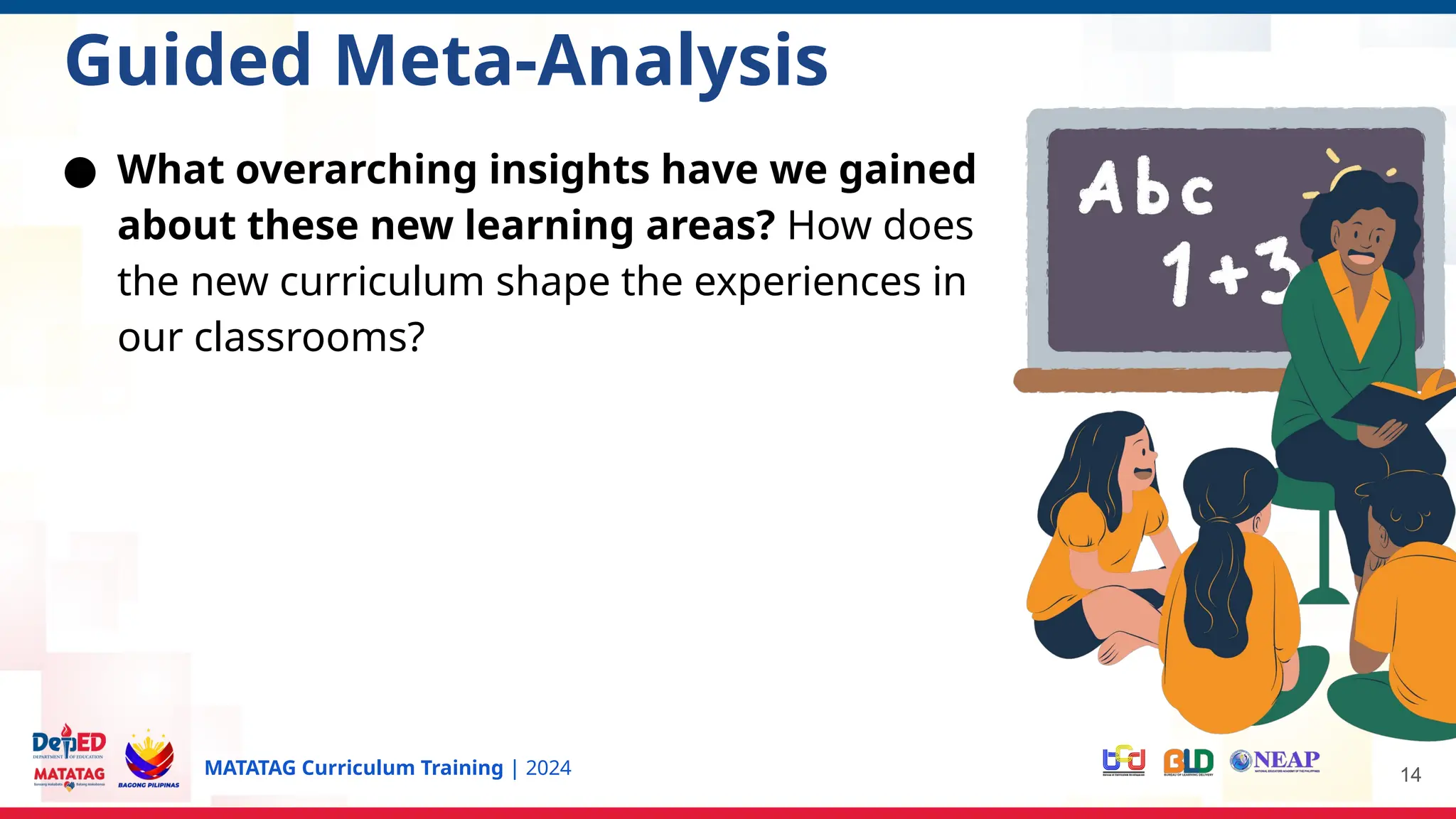 MATATAG Curriculum Training | 2024 14
Guided Meta-Analysis
● What overarching insights have we gained
about these new learning areas? How does
the new curriculum shape the experiences in
our classrooms?
 