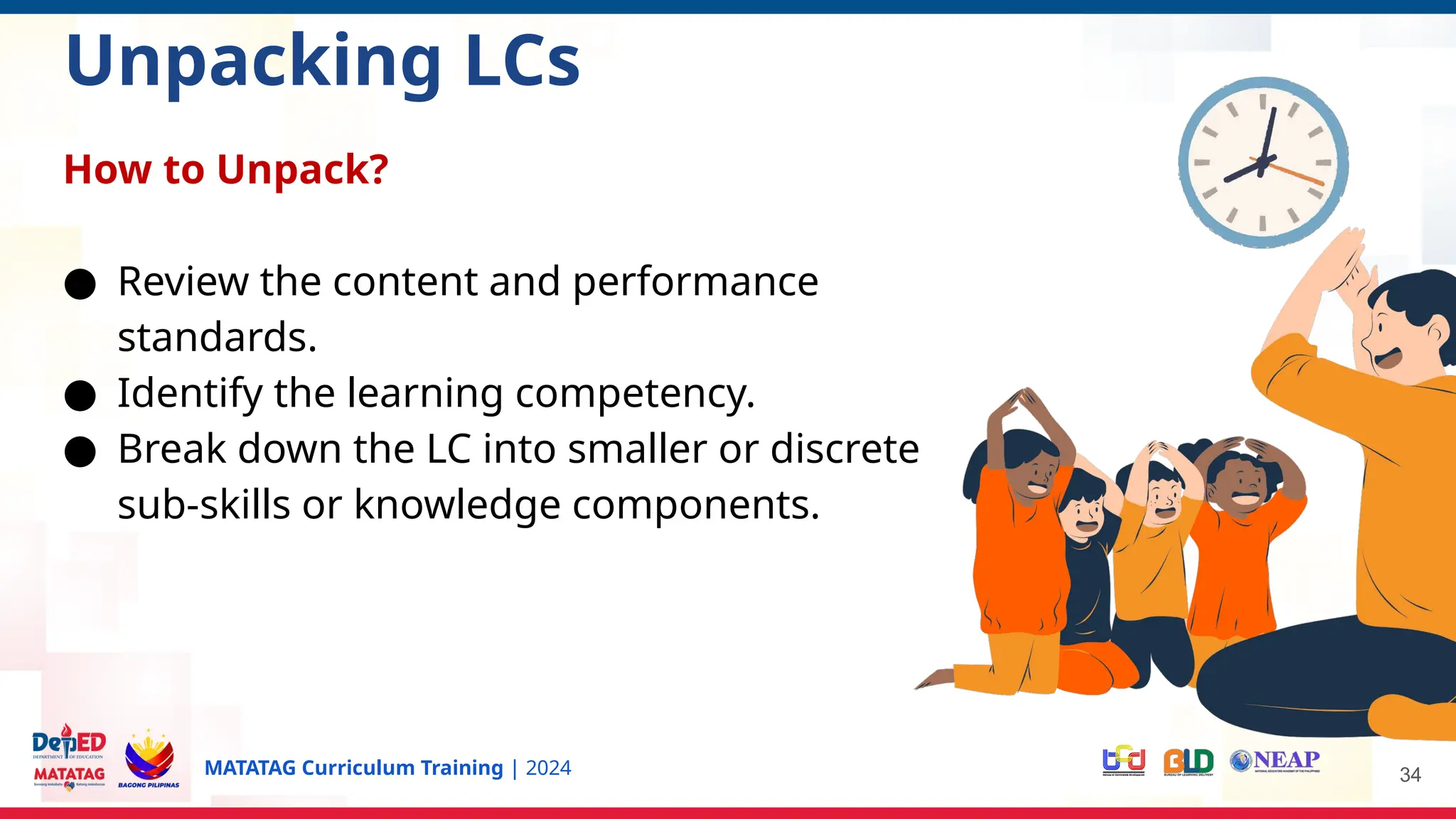 MATATAG Curriculum Training | 2024 34
Unpacking LCs
How to Unpack?
● Review the content and performance
standards.
● Identify the learning competency.
● Break down the LC into smaller or discrete
sub-skills or knowledge components.
 