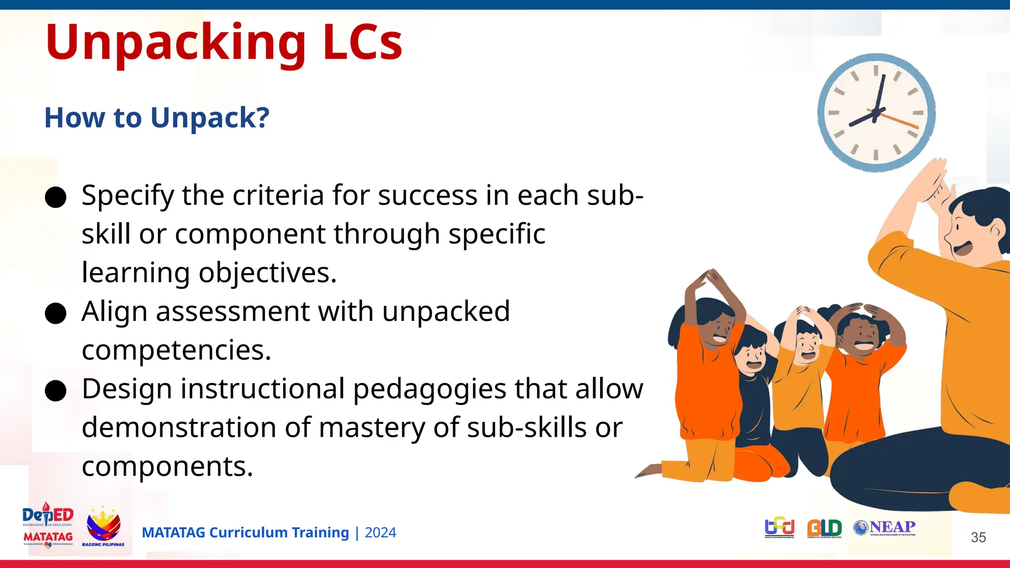 MATATAG Curriculum Training | 2024 35
Unpacking LCs
How to Unpack?
● Specify the criteria for success in each sub-
skill or component through specific
learning objectives.
● Align assessment with unpacked
competencies.
● Design instructional pedagogies that allow
demonstration of mastery of sub-skills or
components.
 