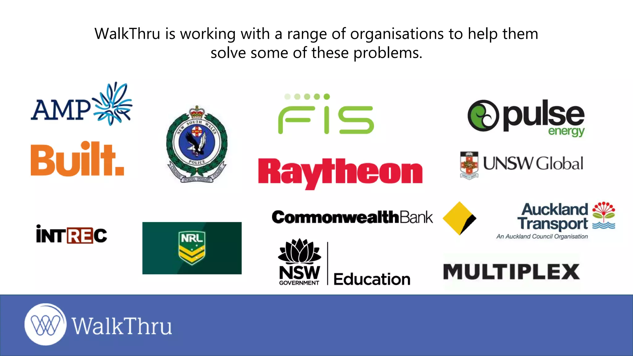 WalkThru is working with a range of organisations to help them
solve some of these problems.
 