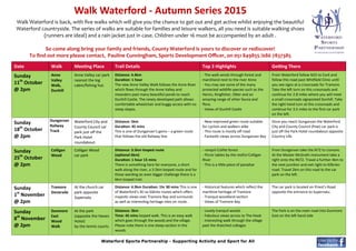 Date Walk Meeting Place Trail Details Top 3 Highlights Getting There
Sunday
11th
October
@ 2pm
Anne
Valley
Walk,
Dunhill
Anne Valley car park
nearest the log
cabin/fishing hut.
Distance: 4.4km
Duration: 1 hour
The new Anne Valley Walk follows the Anne River
which flows through the Anne Valley and
meanders past many beautiful ponds to reach
Dunhill Castle. The newly developed path allows
comfortable wheelchair and buggy access with no
steep slopes.
- The walk winds through forest and
marshland next to the river Anne
- You may see some of the many
protected wildlife species such as the
Heron, Kingfisher, Otter and an
amazing range of other fauna and
flora.
- Views of Dunhill Castle
From Waterford follow N25 to Cork and
follow this road past Whitfield Clinic until
you see signs at a crossroads for Tramore.
Take the left turn on this crossroads and
continue for 2.8 miles where you will meet
a small crossroads signposted Dunhill. Take
the right hand turn at this crossroads and
continue for 3.5 miles to the first car park
on the left.
Sunday
18th
October
@ 2pm
Dungarvan
Railway
Track
Waterford City and
County Council car
park just off the
Park Hotel
roundabout.
Distance: 5km
Duration: 45 mins
This is one of Dungarvan’s gems – a green route
that follows the old Railway line.
- New improved green route suitable
for cyclists and walkers alike
- This route is mostly off road
- Fantastic views across Dungarvan Bay
Once you reach Dungarvan the Waterford
City and County Council (free) car park is
just off the Park Hotel roundabout opposite
Country Life.
Sunday
25th
October
@ 2pm
Colligan
Wood
Colligan Wood
car park
Distance: 3.5km looped route
(optional 6km)
Duration: 1 hour 15 mins
There is something here for everyone, a short
walk along the river, a 3.5km looped route and for
those wanting an even bigger challenge there is a
6km looped trail.
- ranquil Coillte forest
- Picnic tables by the restful Colligan
River
- This is a little piece of paradise
From Dungarvan take the N72 to Lismore.
At the Master McGrath monument take a
right onto the R672. Travel a further 4km to
the next junction and exit right to Kilbrien
road. Travel 2km on this road to the car
park on the left.
Sunday
1st
November
@ 2pm
Tramore
Doneraile
At the church car
park opposite
Supervalu
Distance: 4.9km Duration: 1hr 30 mins This is one
of Waterford’s Slí na Sláinte routes which offers
majestic views over Tramore Bay and surrounds
as well as interesting heritage sites on route.
- Historical features which reflect the
maritime heritage of Tramore
- Tranquil woodland section
- Views of Tramore Bay
The car park is located on Priest’s Road
opposite the entrance to Supervalu.
Sunday
8th
November
@ 2pm
Dunmore
East
Wood
Walk
At the park
(opposite the Haven
Hotel)
by the tennis courts.
Distance: 3km
Time: 45 mins looped walk. This is an easy walk
which goes through the woods and the village.
Please note there is one steep section in the
woods
- Lovely tranquil woods
- Fabulous views across to The Hook
- Interesting walk through the village
past the thatched cottages
The Park is on the main road into Dunmore
East on the left hand side
Waterford Sports Partnership - Supporting Activity and Sport for All
Walk Waterford - Autumn Series 2015
Walk Waterford is back, with five walks which will give you the chance to get out and get active whilst enjoying the beautiful
Waterford countryside. The series of walks are suitable for families and leisure walkers, all you need is suitable walking shoes
(runners are ideal) and a rain jacket just in case. Children under 16 must be accompanied by an adult .
So come along bring your family and friends, County Waterford is yours to discover or rediscover!
To find out more please contact, Pauline Cunningham, Sports Development Officer, on 051 849855 /086 7837385
 