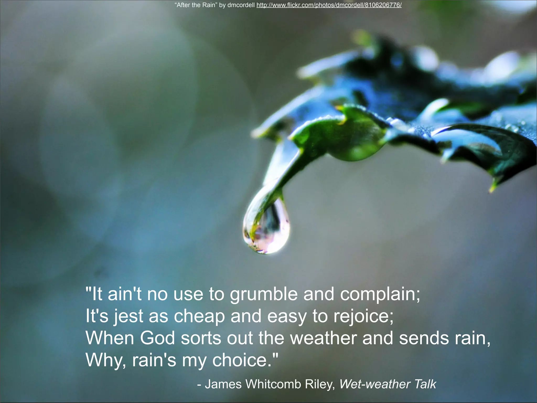 “After the Rain” by dmcordell http://www.flickr.com/photos/dmcordell/8106206776/




"It ain't no use to grumble and complain;
It's jest as cheap and easy to rejoice;
When God sorts out the weather and sends rain,
Why, rain's my choice."
                 - James Whitcomb Riley, Wet-weather Talk
 
