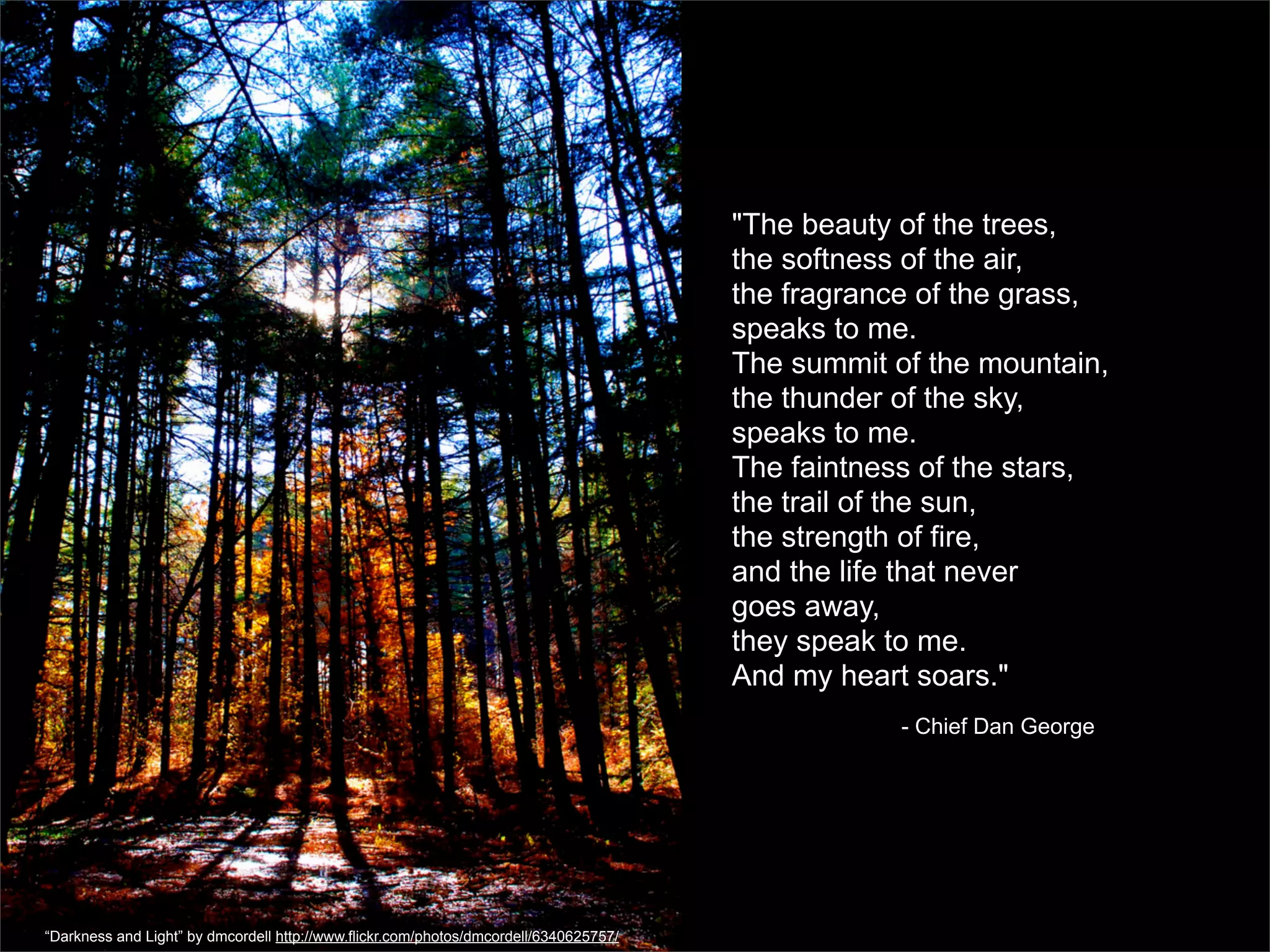 "The beauty of the trees,
                                                                                       the softness of the air,
                                                                                       the fragrance of the grass,
                                                                                       speaks to me.
                                                                                       The summit of the mountain,
                                                                                       the thunder of the sky,
                                                                                       speaks to me.
                                                                                       The faintness of the stars,
                                                                                       the trail of the sun,
                                                                                       the strength of fire,
                                                                                       and the life that never
                                                                                       goes away,
                                                                                       they speak to me.
                                                                                       And my heart soars."
                                                                                                   - Chief Dan George




“Darkness and Light” by dmcordell http://www.flickr.com/photos/dmcordell/6340625757/
 