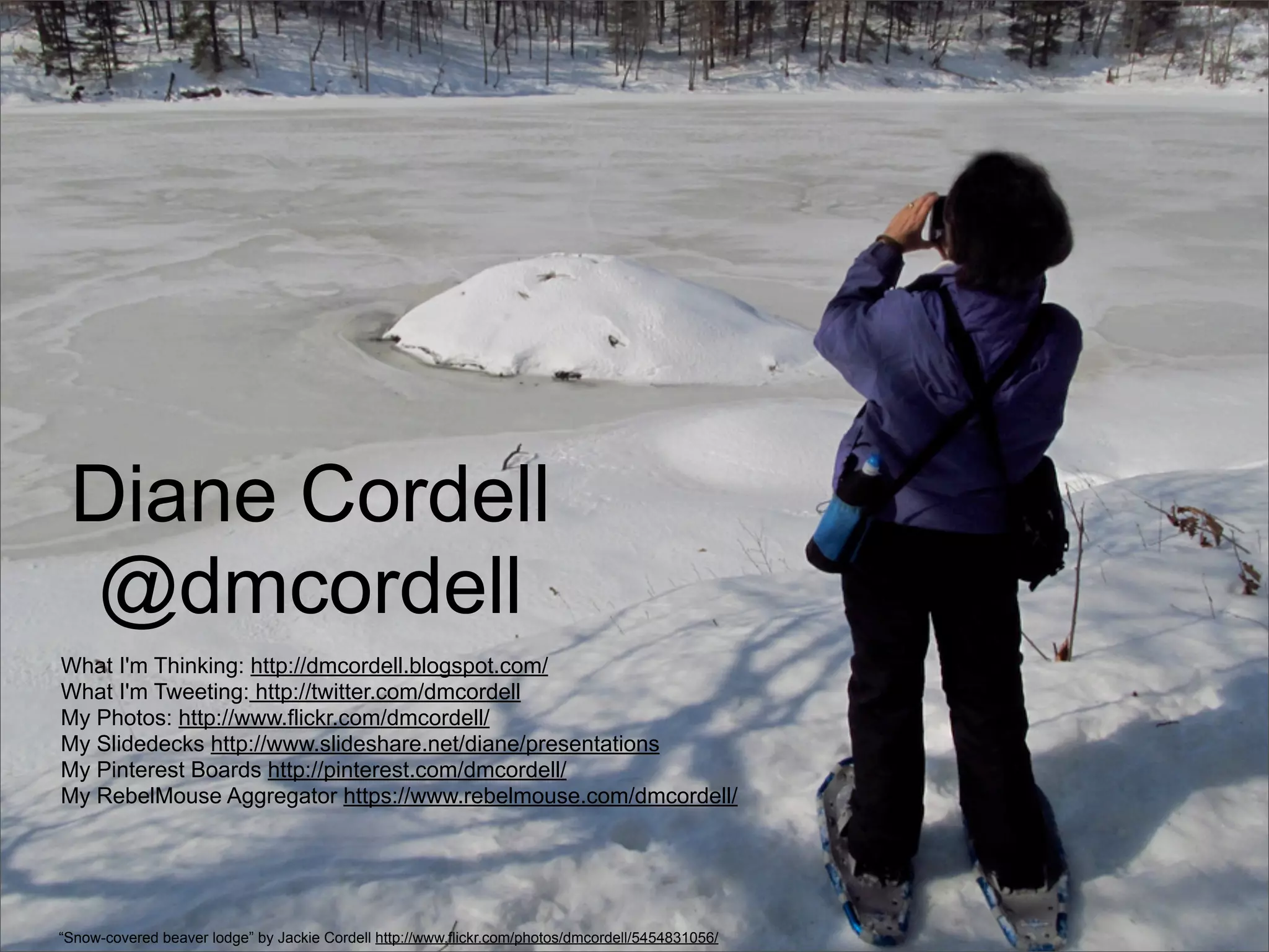 Diane Cordell
 @dmcordell
What I'm Thinking: http://dmcordell.blogspot.com/
What I'm Tweeting: http://twitter.com/dmcordell
My Photos: http://www.flickr.com/dmcordell/
My Slidedecks http://www.slideshare.net/diane/presentations
My Pinterest Boards http://pinterest.com/dmcordell/
My RebelMouse Aggregator https://www.rebelmouse.com/dmcordell/




“Snow-covered beaver lodge” by Jackie Cordell http://www.flickr.com/photos/dmcordell/5454831056/
 