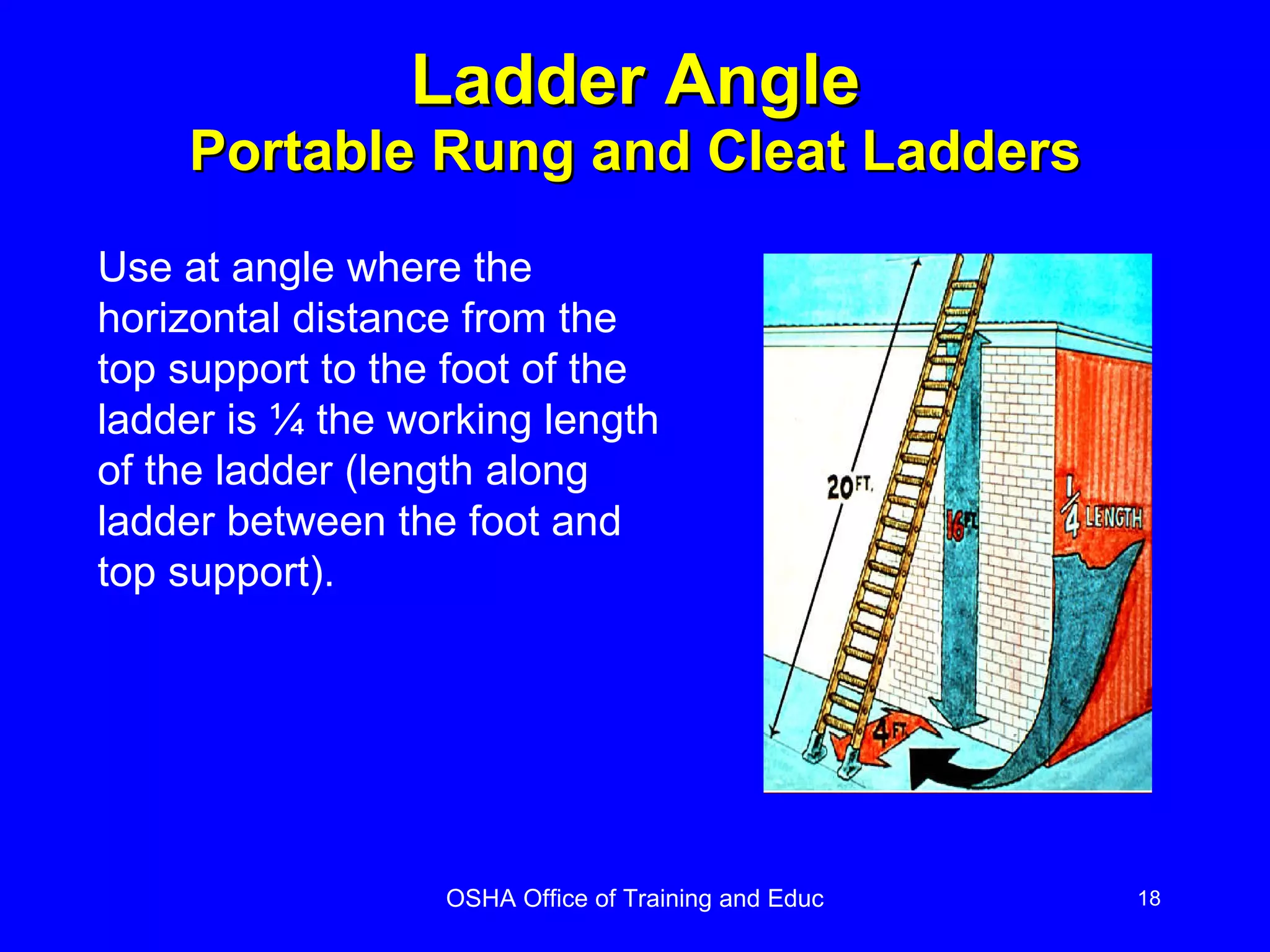 Ladder Angle Portable Rung and Cleat Ladders Use at angle where the  horizontal distance from the top support to the foot of the ladder is  ¼  the working length of the ladder (length along ladder between the foot and top support). 