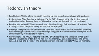 Todorovian theory
• Equilibrium: Wall-e alone on earth clearing up the mess humans have left- garbage.
• A disruption: Shortly after arriving on Earth, EVE discovers the plant. She stores it
and activates her homing beacon, then deactivates as she waits to be retrieved.
• Realisation: When EVE is examined, the plant is missing. EVE and WALL-E witness GO-
4 trying to send the plant away aboard the escape pod.
• Attempt to repair: Wall-e and eve are sent to a repair ward. Wall-e mistakes cleaning
for Eve being harmed and crashes through the glass wall and disables the repair ward
and accidently realises lots of robots.
• Restoration: The AXIOM returns to Earth. EVE finds the parts to repair WALL-E; he
returns to working order, but he has lost his memory. EVE is saddened, and gives
WALL-E a hug and a “kiss.” The electric spark of the kiss re-boots WALL-E’s memory.
 