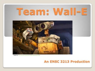 Team: Wall-E



Image from: http://www.pixar.com/featurefilms/walle/images/walle-front.jpg




                                                                             An ENSC 3213 Production
 