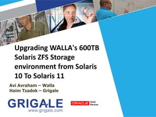 Upgrading WALLA's 600TB
Solaris ZFS Storage
environment from Solaris
10 To Solaris 11
Avi Avraham – Walla
Haim Tzadok – Grigale

 