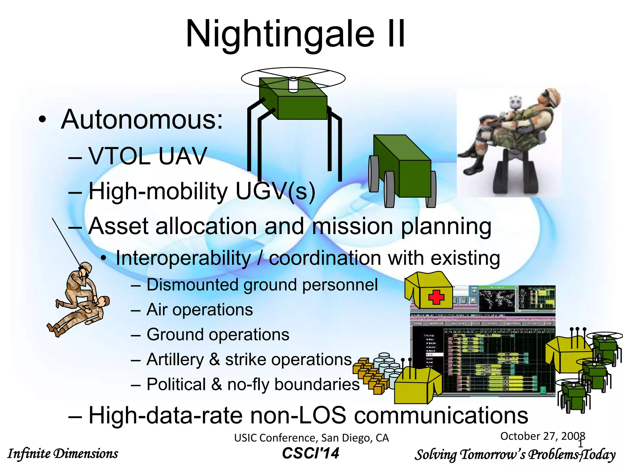 Infinite Dimensions Solving Tomorrow’s Problems TodayCSCI'14
Nightingale II
• Autonomous:
– VTOL UAV
– High-mobility UGV(s)
– Asset allocation and mission planning
• Interoperability / coordination with existing
– Dismounted ground personnel
– Air operations
– Ground operations
– Artillery & strike operations
– Political & no-fly boundaries
– High-data-rate non-LOS communications
October 27, 2008USIC Conference, San Diego, CA 1
7
 