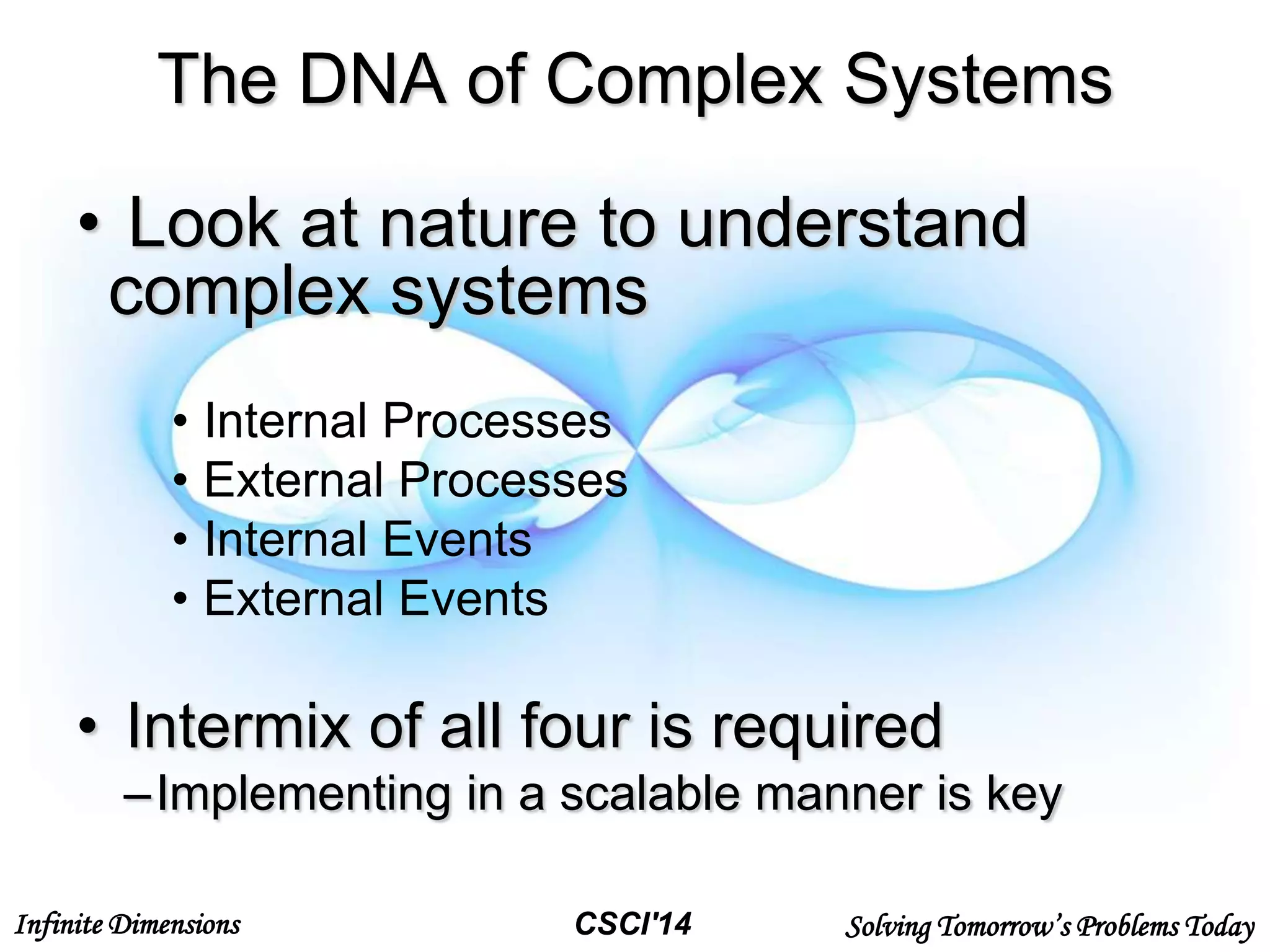 Infinite Dimensions Solving Tomorrow’s Problems TodayCSCI'14
The DNA of Complex Systems
• Look at nature to understand
complex systems
• Internal Processes
• External Processes
• Internal Events
• External Events
• Intermix of all four is required
–Implementing in a scalable manner is key
 