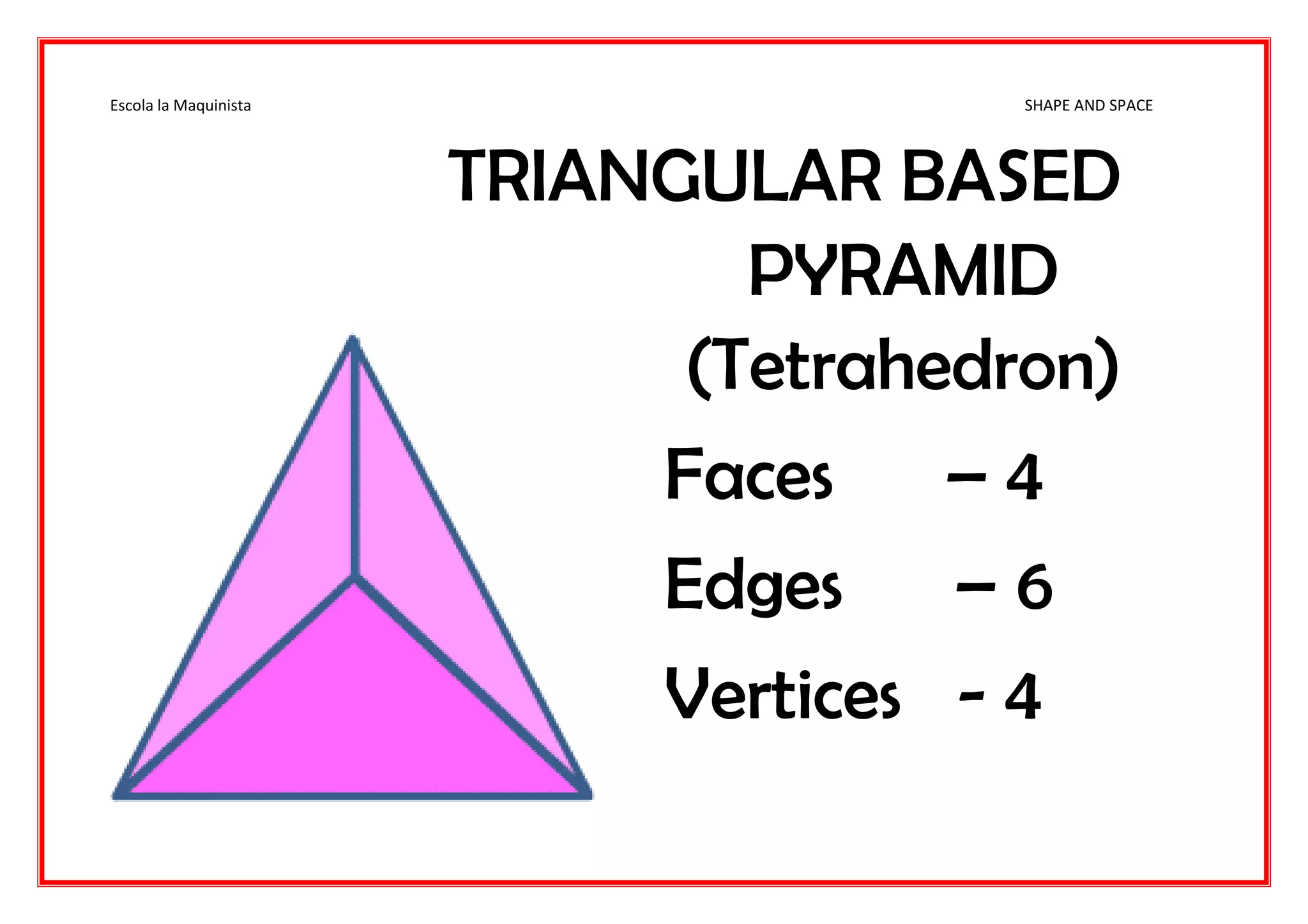 Escola la Maquinista SHAPE AND SPACE
TRIANGULAR BASED
PYRAMID
(Tetrahedron)
Faces – 4
Edges – 6
Vertices - 4
 