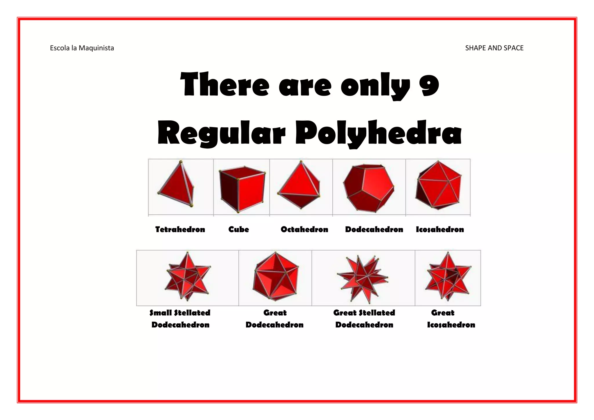 Escola la Maquinista SHAPE AND SPACE
There are only 9
Regular Polyhedra
Tetrahedron Cube Octahedron Dodecahedron Icosahedron
Small Stellated Great Great Stellated Great
Dodecahedron Dodecahedron Dodecahedron Icosahedron
 