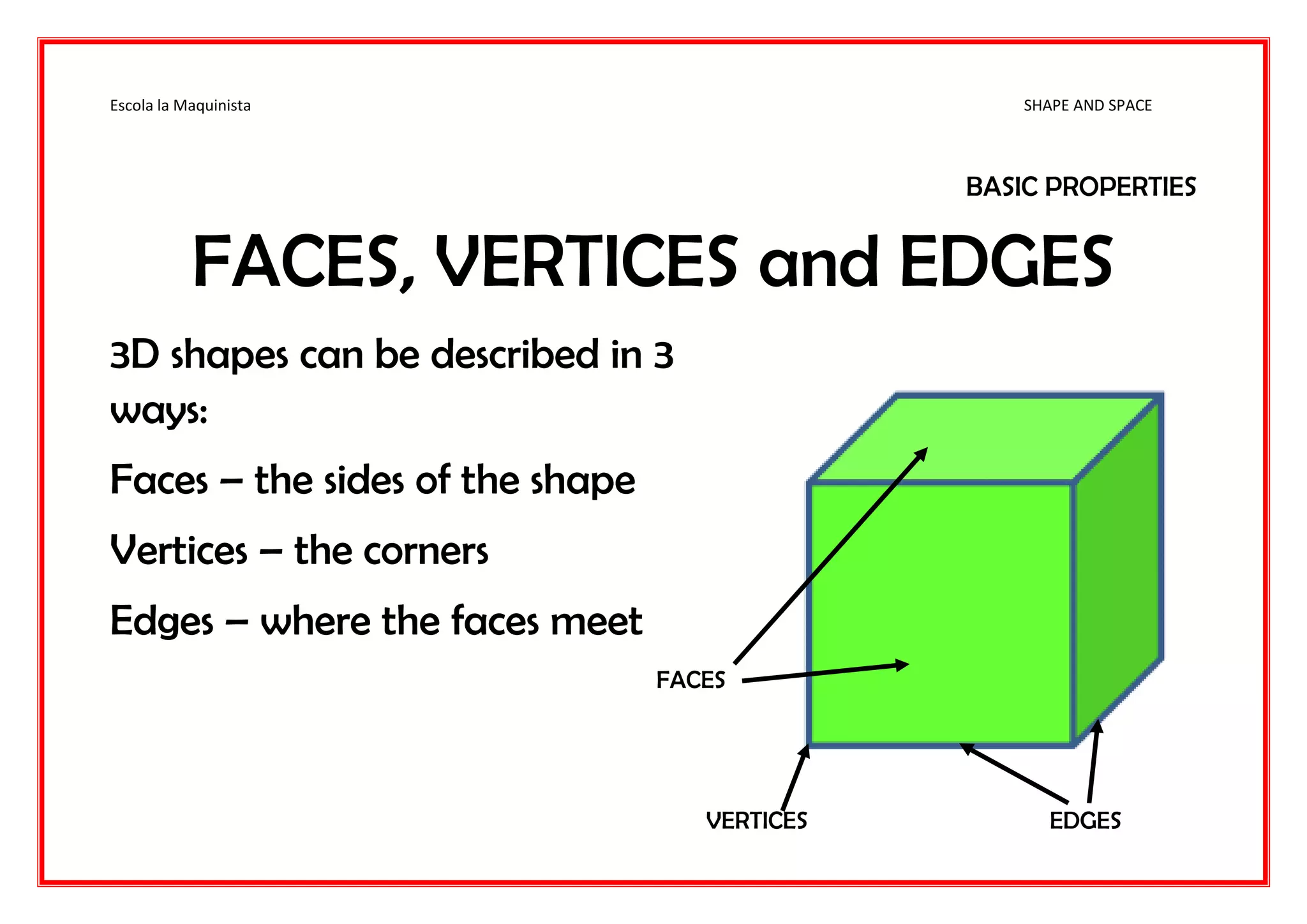 Escola la Maquinista SHAPE AND SPACE
BASIC PROPERTIES
FACES, VERTICES and EDGES
3D shapes can be described in 3
ways:
Faces – the sides of the shape
Vertices – the corners
Edges – where the faces meet
FACES
VERTICES EDGES
 
