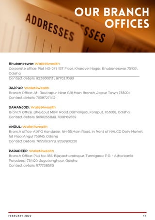 Bhubaneswar: Wallet4wealth
Corporate office: Plot NO-271, 1ST Floor, Kharavel Nagar, Bhubaneswar 751001,
Odisha
Contact details: 9238000131, 9776211080
JAJPUR: Wallet4wealth
Branch Office: At- Routrapur, Near SBI Main Branch, Jajpur Town 755001
Contact details; 7008727442
DAMANJODI: Wallet4wealth
Branch Office: Bhejaput Main Road, Damanjodi, Koraput, 763008, Odisha
Contact details: 9090255849, 7008169559
ANGUL: Wallet4wealth
Branch office: At/PO Kandasar, NH-55,Main Road, In front of NALCO Daily Market,
1st Floor,Angul 759145, Odisha
Contact Details: 7655063778, 9556900220
PARADEEP: Wallet4wealth
Branch Office: Plot No 485, Bijayachandrapur, Tarinigada, P.O. - Atharbanki,
Paradeep, 754120, Jagatsinghpur, Odisha
Contact details: 9777385115
Our Branch
Offices
11
FEBRUARY 2022
 