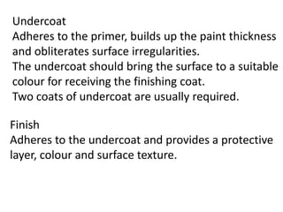 Undercoat
Adheres to the primer, builds up the paint thickness
and obliterates surface irregularities.
The undercoat should bring the surface to a suitable
colour for receiving the finishing coat.
Two coats of undercoat are usually required.
Finish
Adheres to the undercoat and provides a protective
layer, colour and surface texture.
 