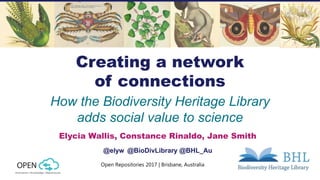 Creating a network
of connections
How the Biodiversity Heritage Library
adds social value to science
Elycia Wallis, Constance Rinaldo, Jane Smith
@elyw @BioDivLibrary @BHL_Au
Open Repositories 2017 | Brisbane, Australia
 