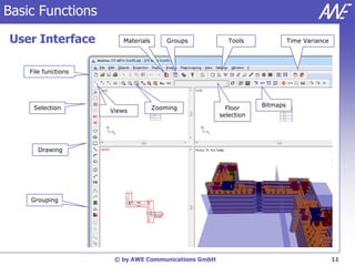 Basic Functions

User Interface          Materials       Groups          Tools              Time Variance




    File functions




     Selection                      Zooming            Floor     Bitmaps
                     Views
                                                     selection




      Drawing




    Grouping




                      © by AWE Communications GmbH                                         11
 
