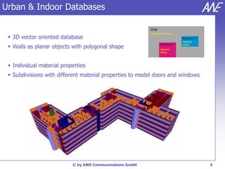 Urban & Indoor Databases

                                                          Wall
                                                          Material: Concrete
  3D vector oriented database                                                   Subdivision 2
                                                                                 Material:

  Walls as planar objects with polygonal shape
                                                                 Subdivision 1   Glass
                                                                  Material:
                                                                  Wood




  Individual material properties
  Subdivisions with different material properties to model doors and windows




                           © by AWE Communications GmbH                                          4
 