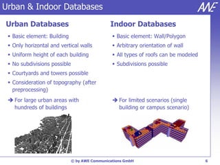 Urban & Indoor Databases
Urban Databases                                Indoor Databases
  Basic element: Building                       Basic element: Wall/Polygon
  Only horizontal and vertical walls            Arbitrary orientation of wall
  Uniform height of each building               All types of roofs can be modeled
  No subdivisions possible                      Subdivisions possible
  Courtyards and towers possible
  Consideration of topography (after
   preprocessing)
  For large urban areas with                    For limited scenarios (single
   hundreds of buildings                          building or campus scenario)




                              © by AWE Communications GmbH                            6
 
